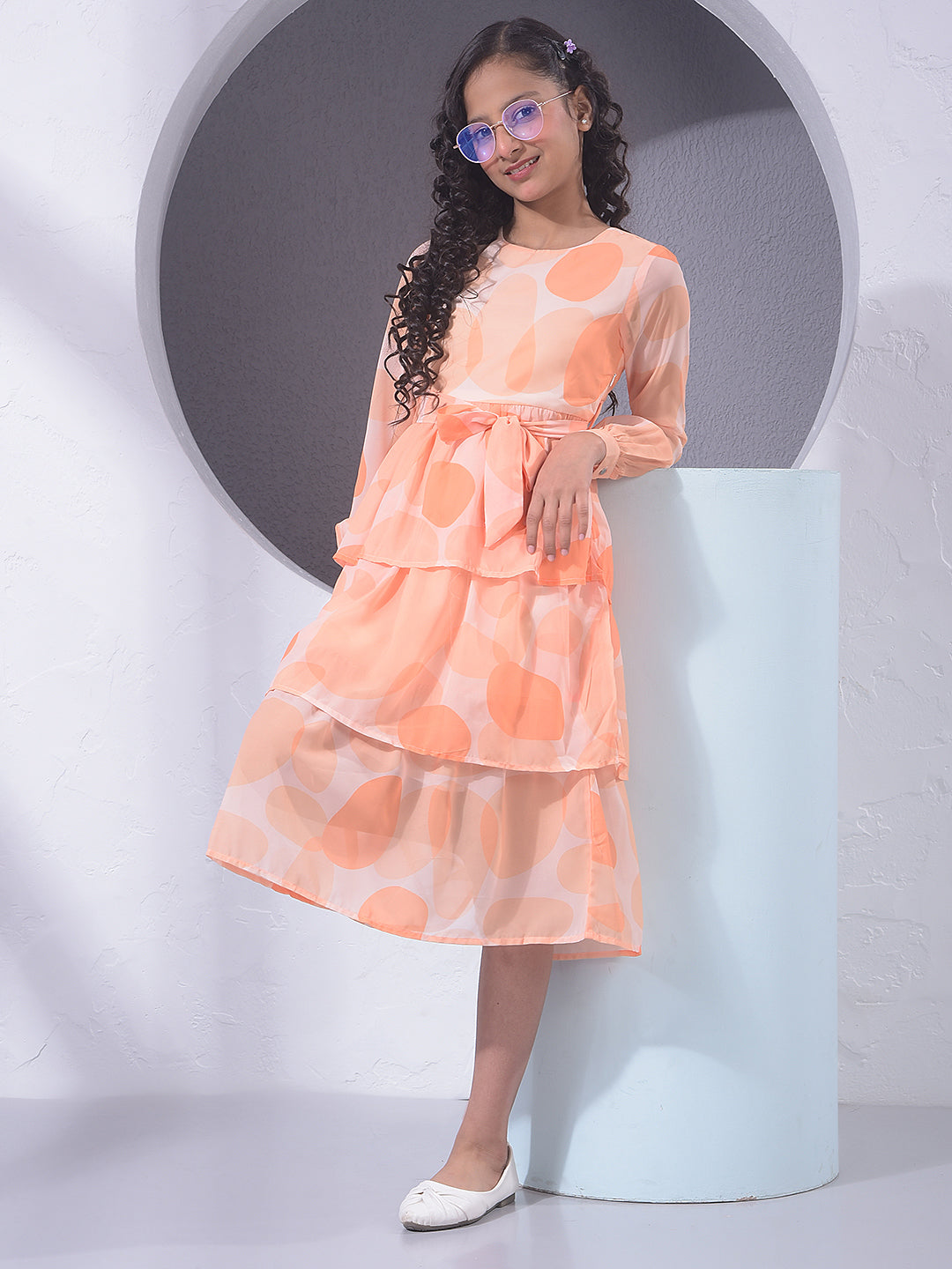 Orange Printed A-Line Dress With Belt