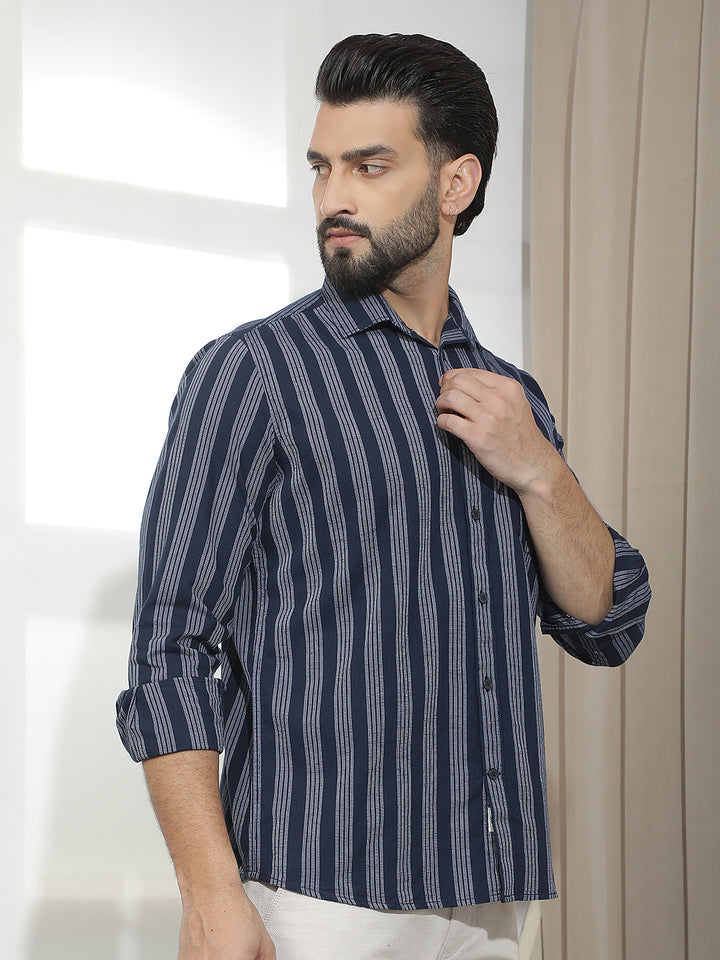 Navy Blue 100% Cotton Verical Stripes Shirt