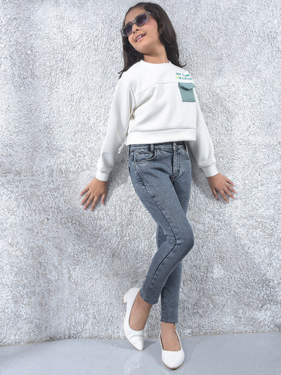 Off White Typographic Print Cropped Knitted-Sweatshirt