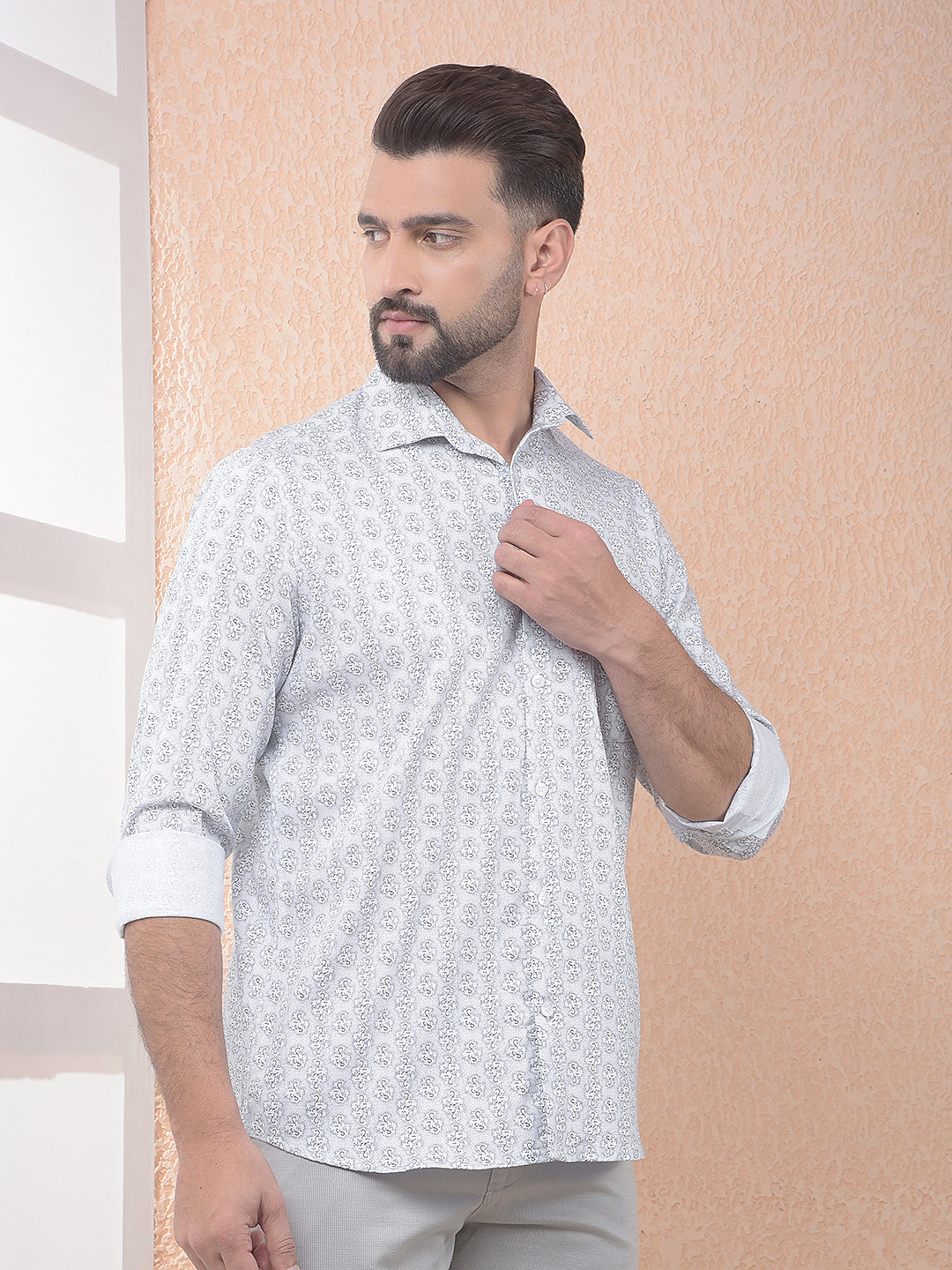 White Subtle Print Easy Wear Shirt