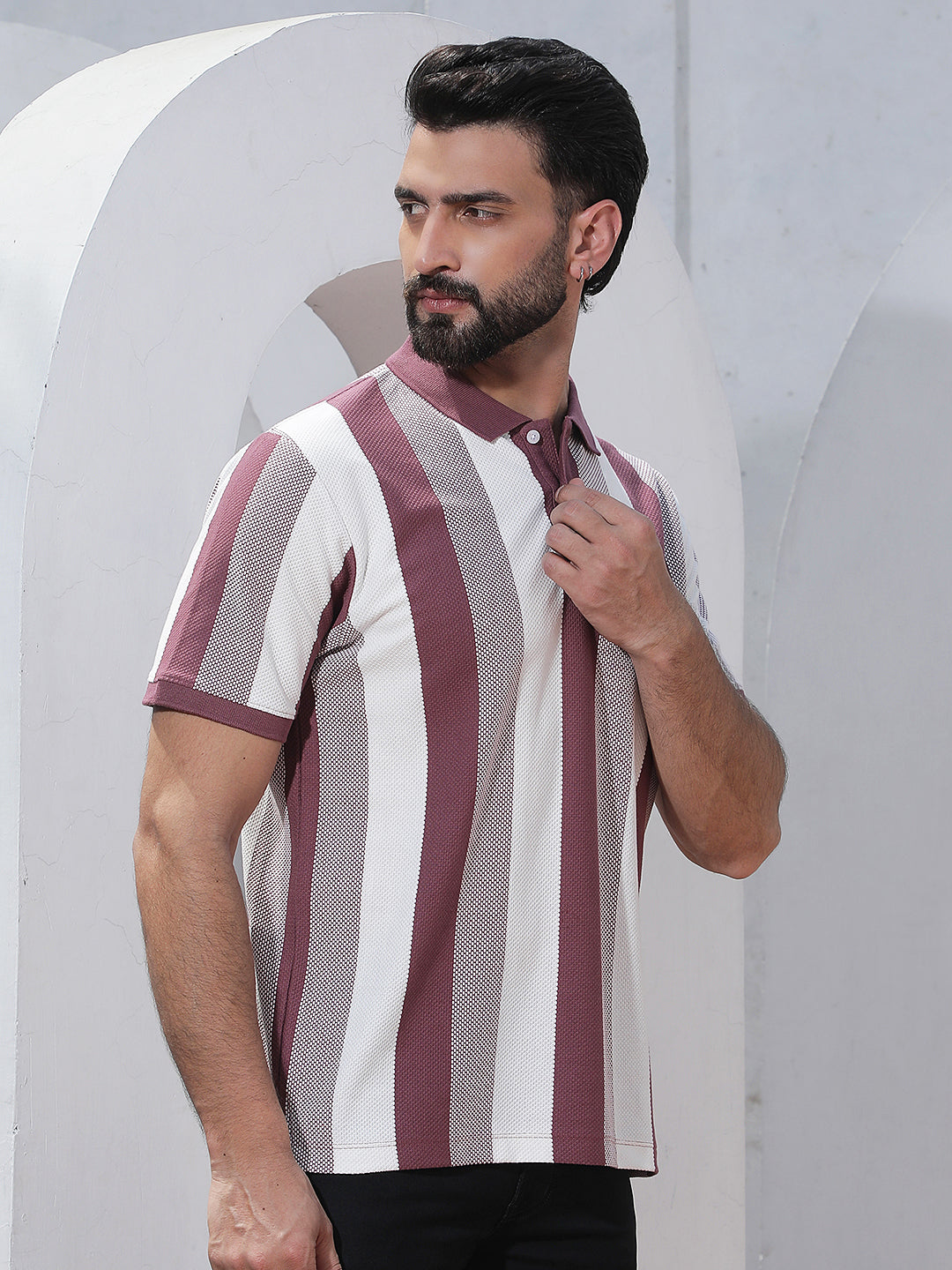Purple Vertical Striped Polo Neck T-Shirt