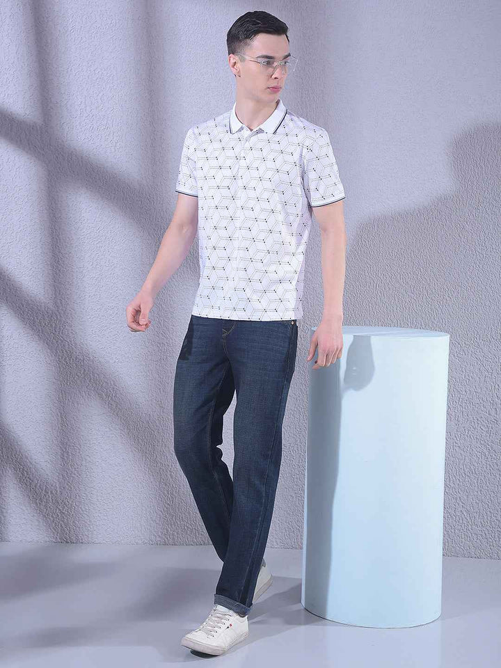White Printed Polo Neck T-Shirt