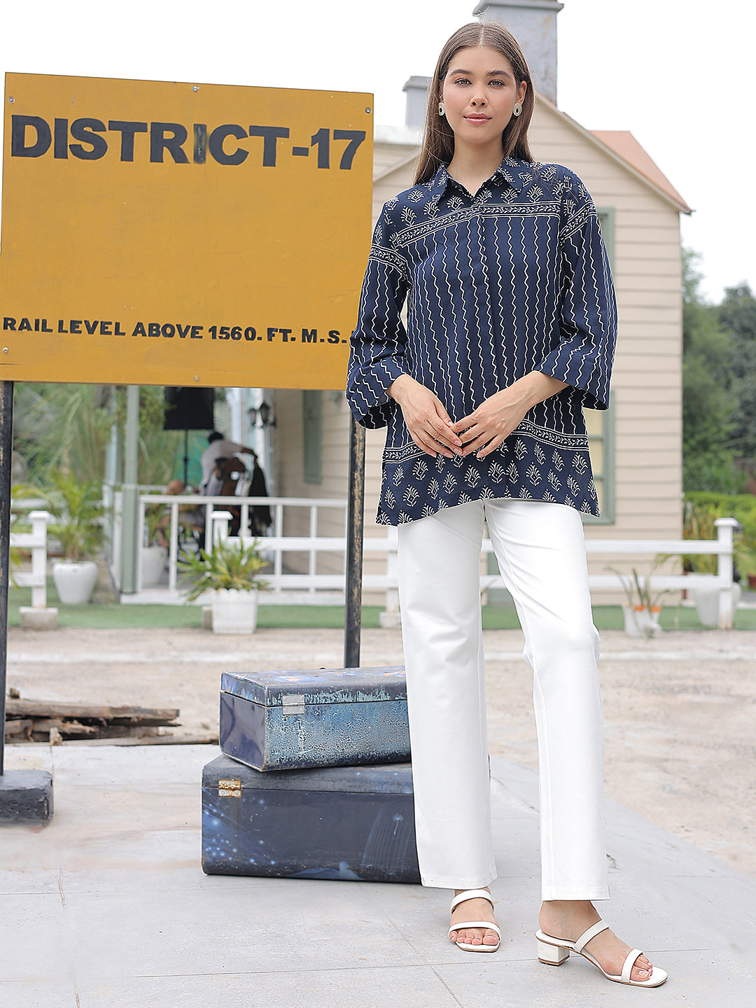 Navy Blue Motifs Print Shirt