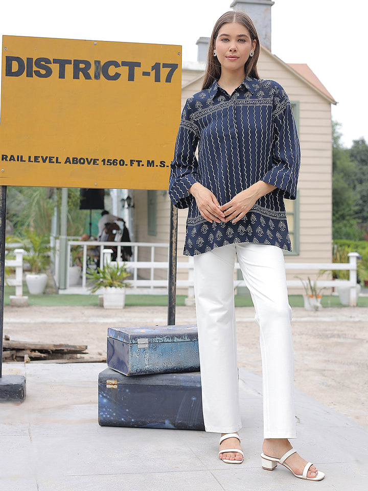 Navy Blue Motifs Print Shirt