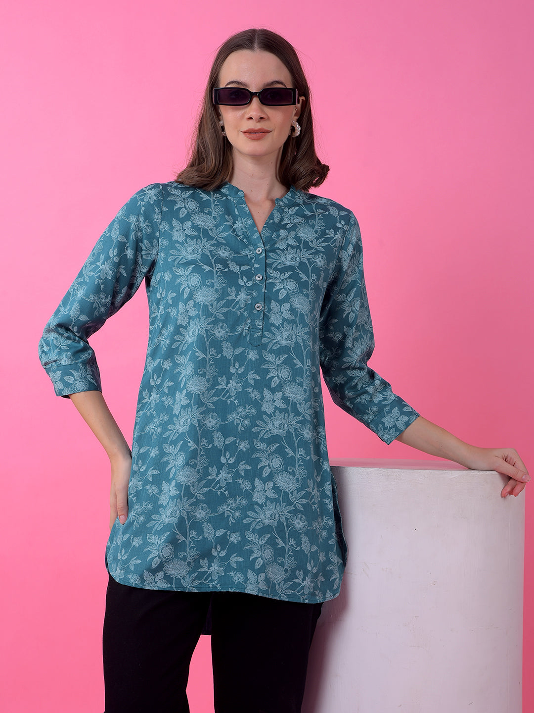Blue Floral Print V-Neck Top