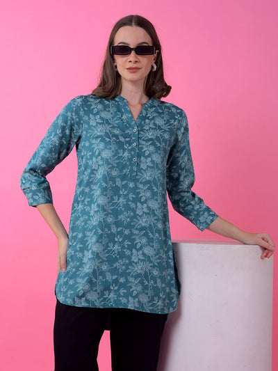 Blue Floral Print V-Neck Top
