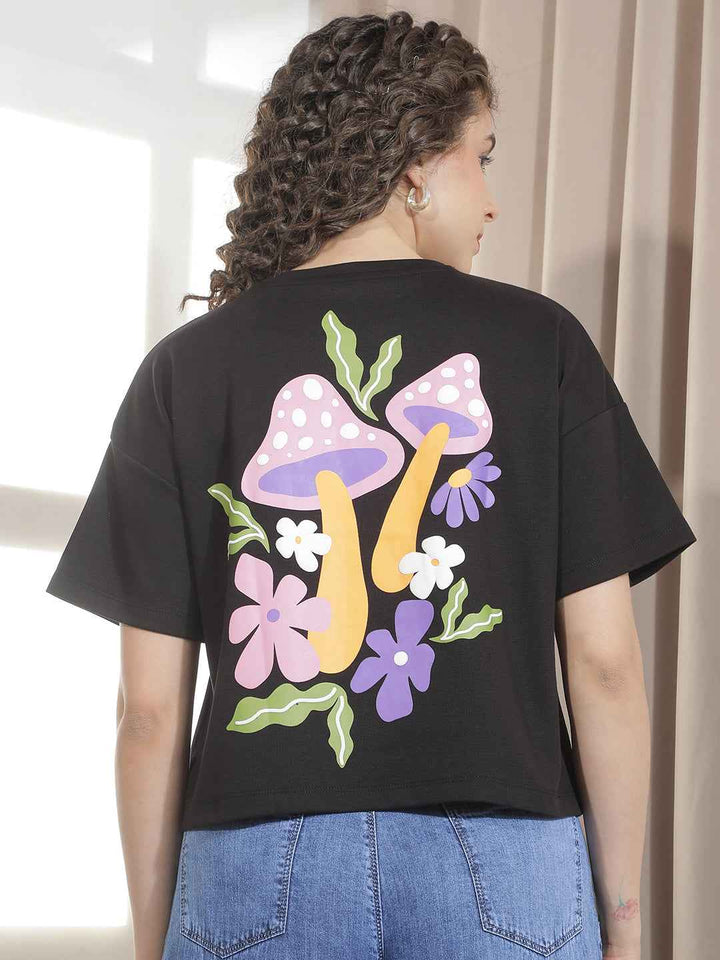 Black Typographic Printed Crop Oversize T-Shirt