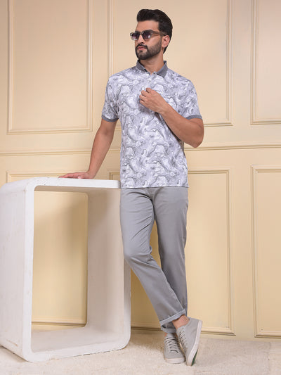 Grey Abstract Print Polo Neck T-Shirt