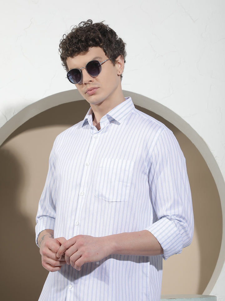 Blue Vertical Striped 100% Cotton Shirt