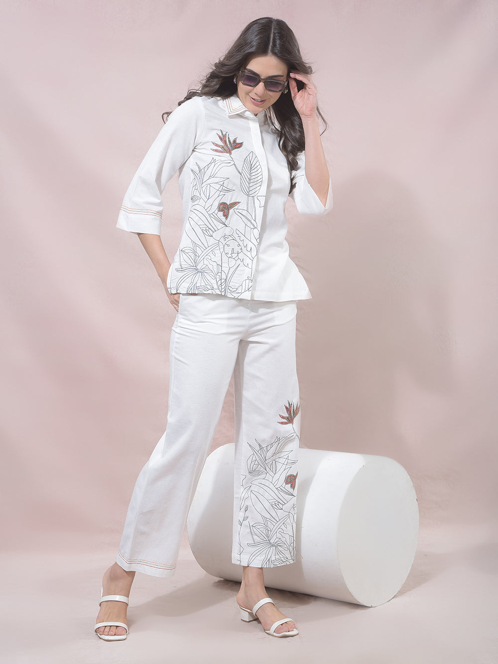 Off White Embroidered Wide Leg Casual Trousers