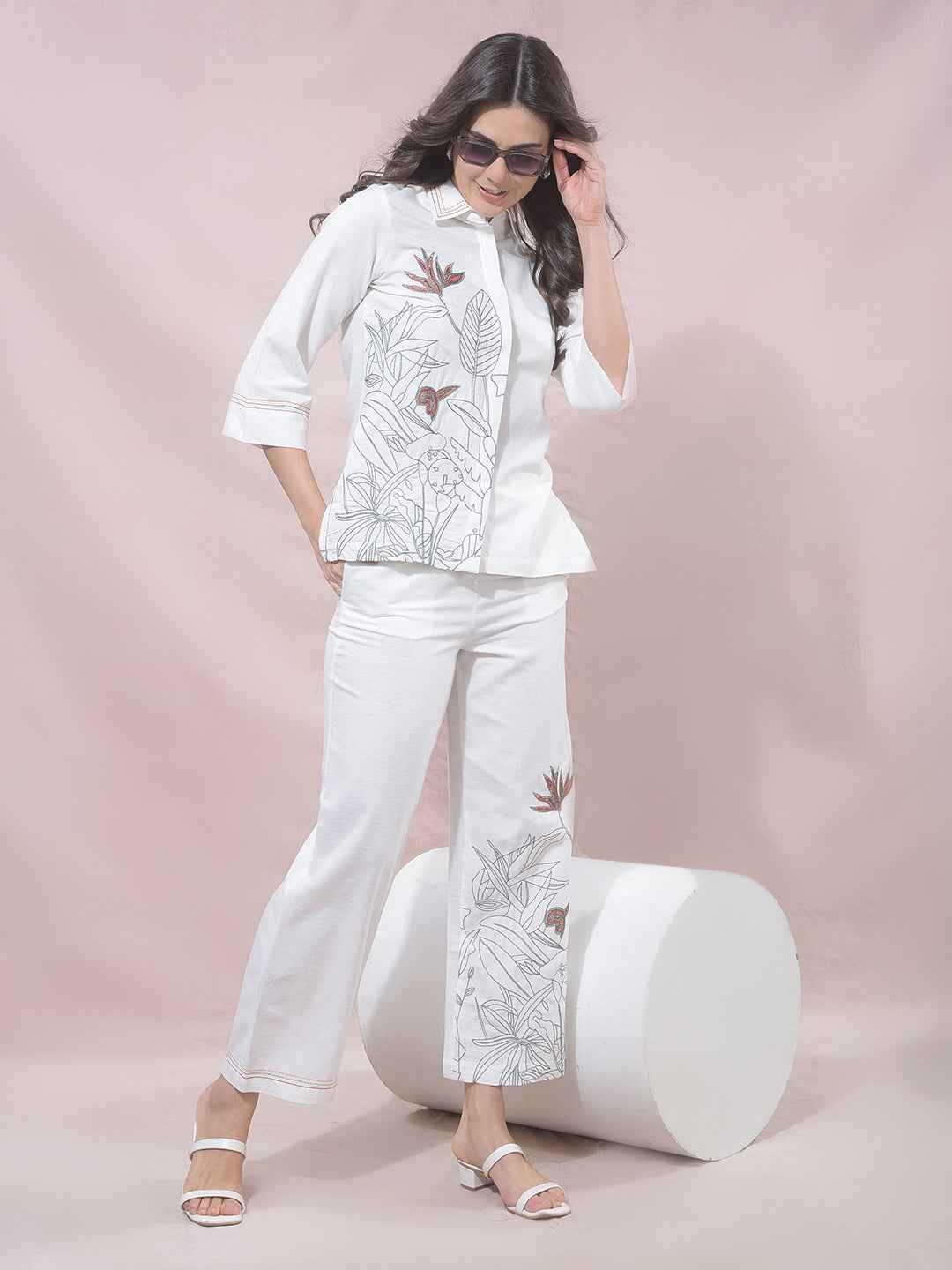 Off White Embroidered Wide Leg Casual Trousers