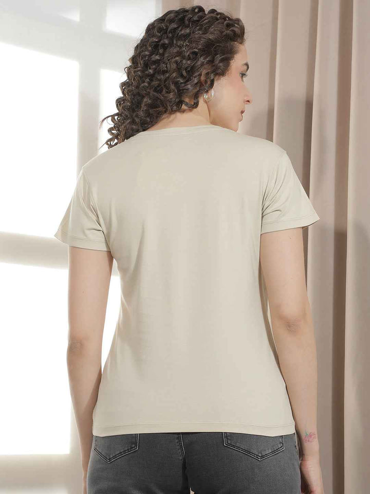 Beige Typographic Embroidery T-Shirt