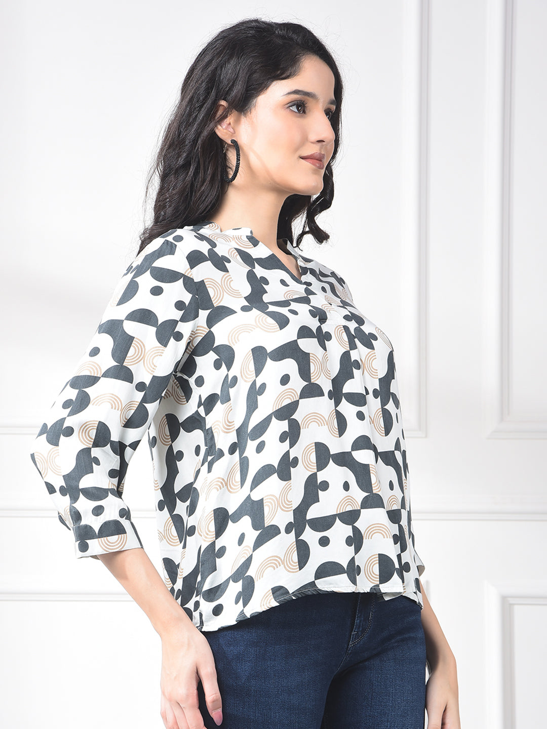 White Printed 100% Modal V-Neck Top