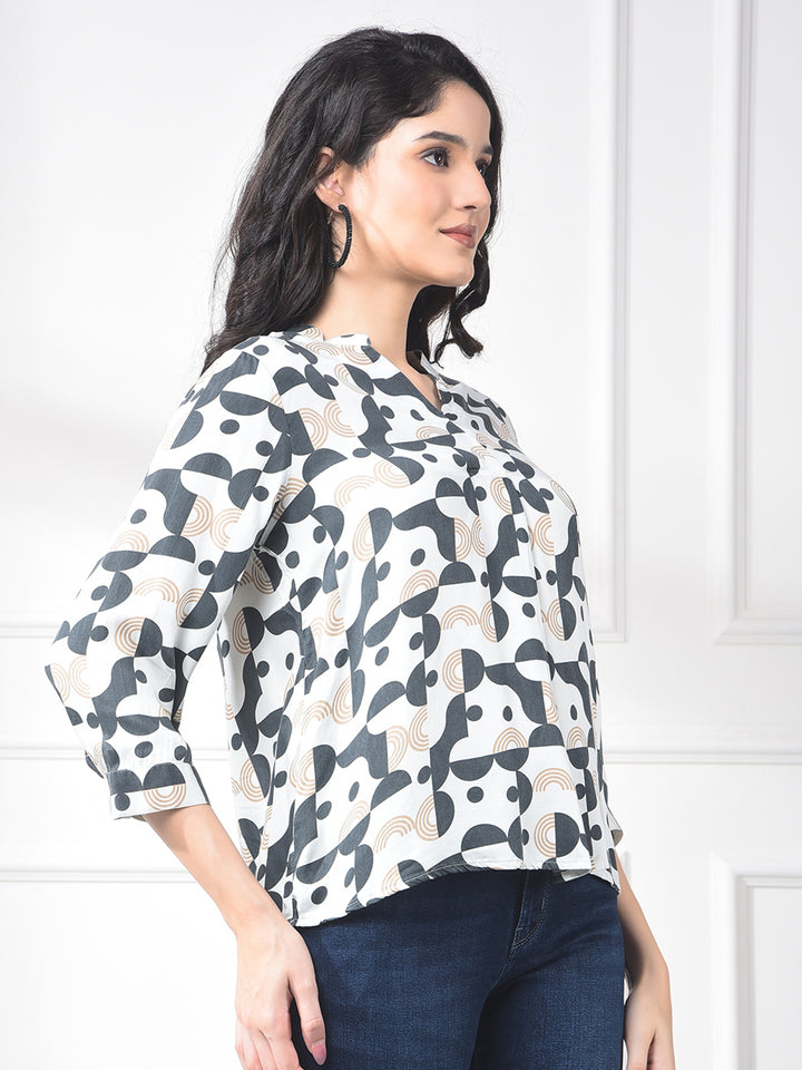 White Printed 100% Modal V-Neck Top