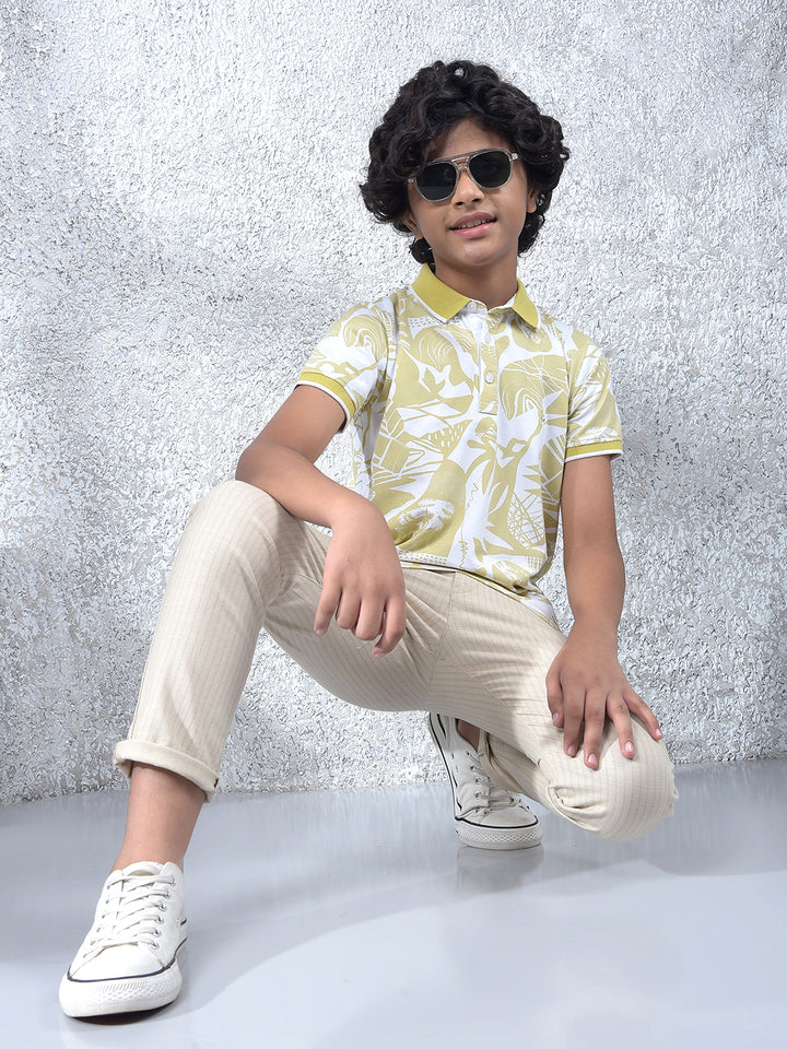 Yellow Floral Print Polo Neck Knitted T-Shirt