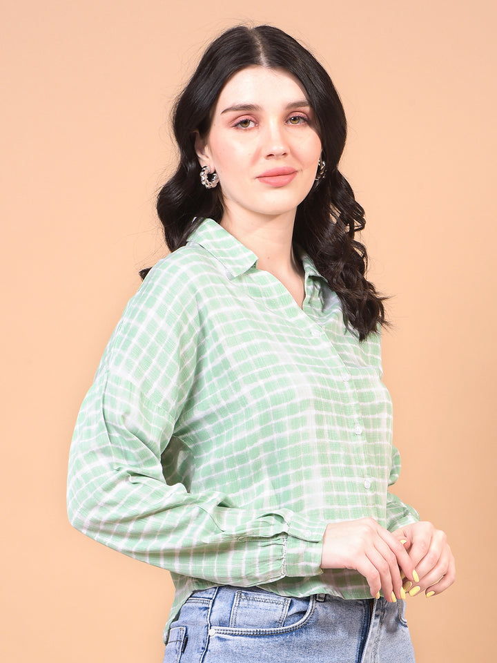 Women's Green Printed V-Neck Cropped Shirt-Women Shirts-Crimsoune Club