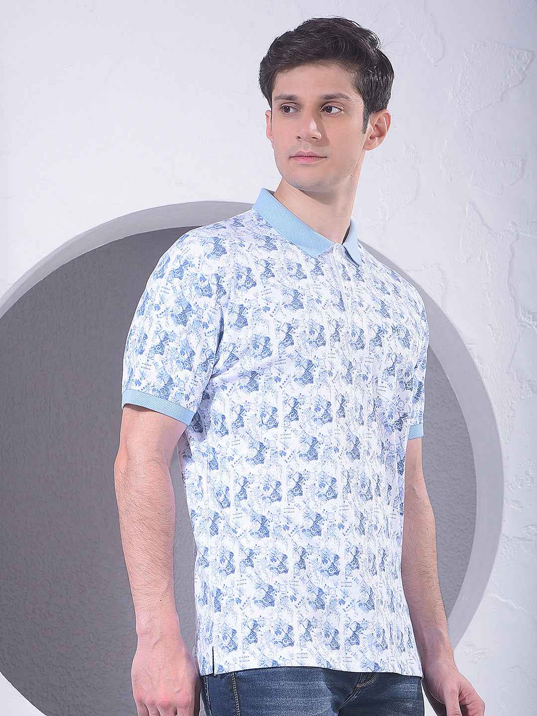 Blue 100% Cotton Geometric Print Polo T-Shirt