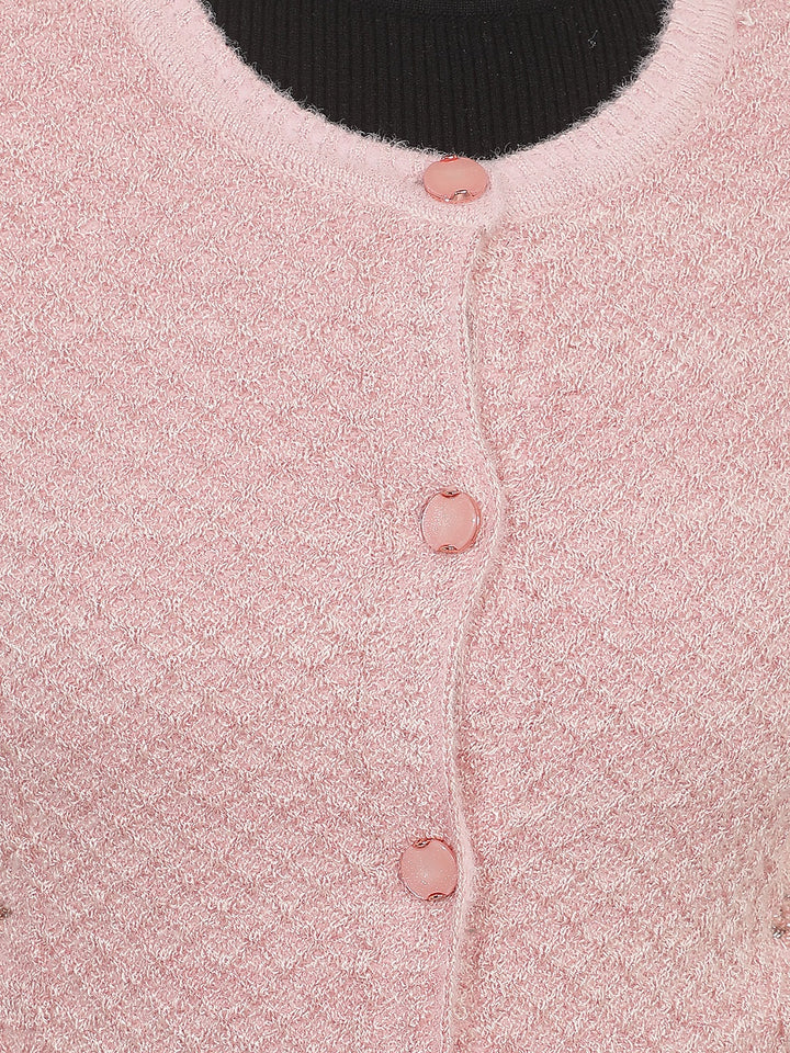 Pink Embellished Mid-Thigh Length Cardigan
