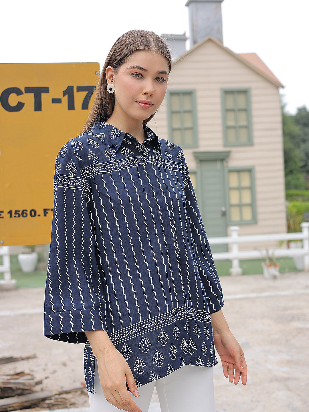 Navy Blue Motifs Print Shirt