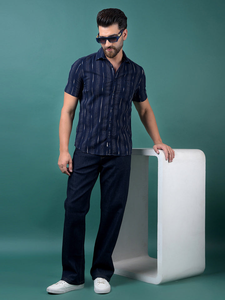 Navy Blue Vertical Stripes 100% Cotton Shirt-Men Shirts-Crimsoune Club