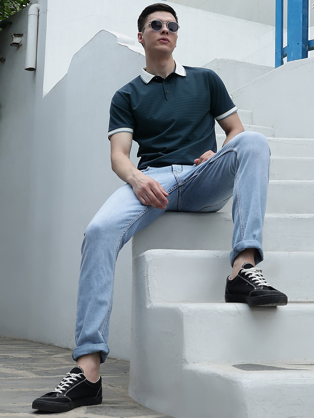 Green Horizontal Striped Polo Neck T-Shirt