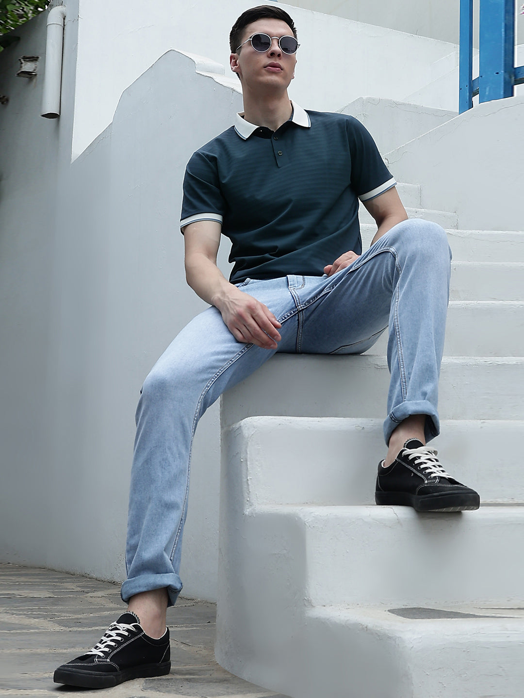 Green Horizontal Striped Polo Neck T-Shirt