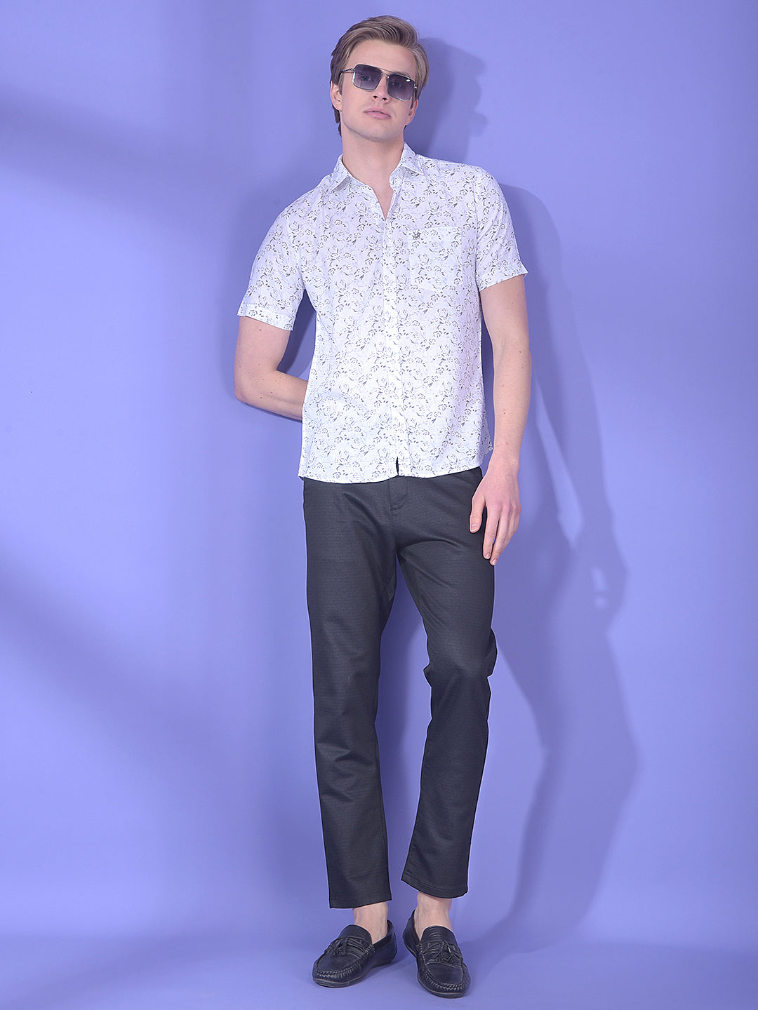 White Floral Print Linen Shirt