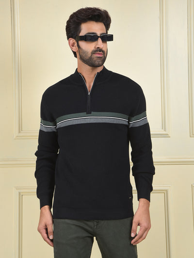 Black Horizontal Stripes High Neck 100% Cotton Sweater