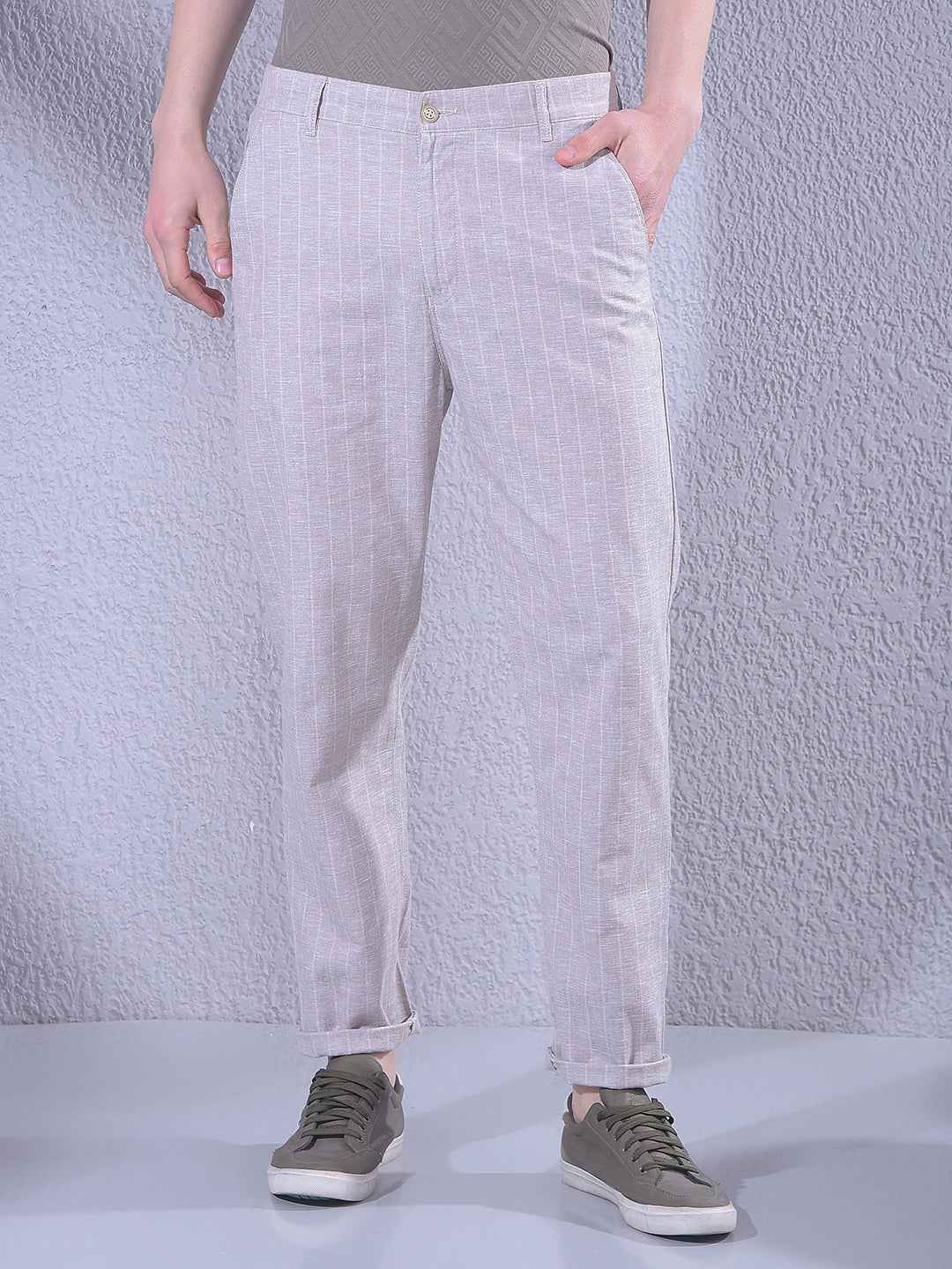 Khaki Vertical Striped Travel Fit Trousers