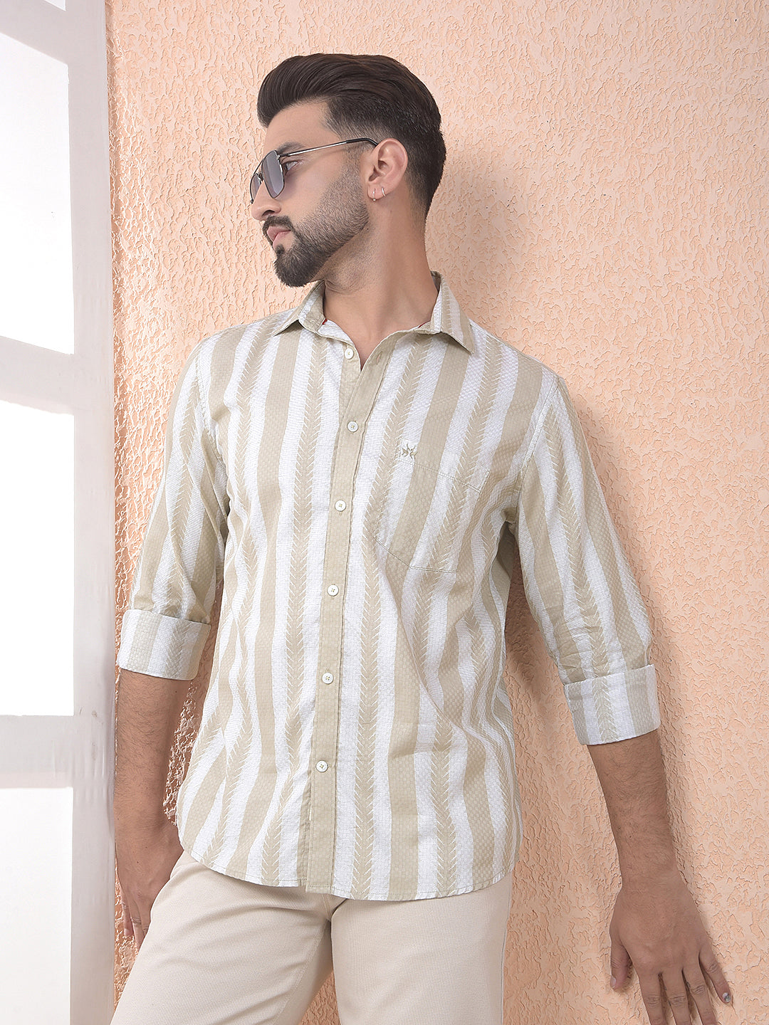 Beige Vertical Stripes 100% Cotton Shirt