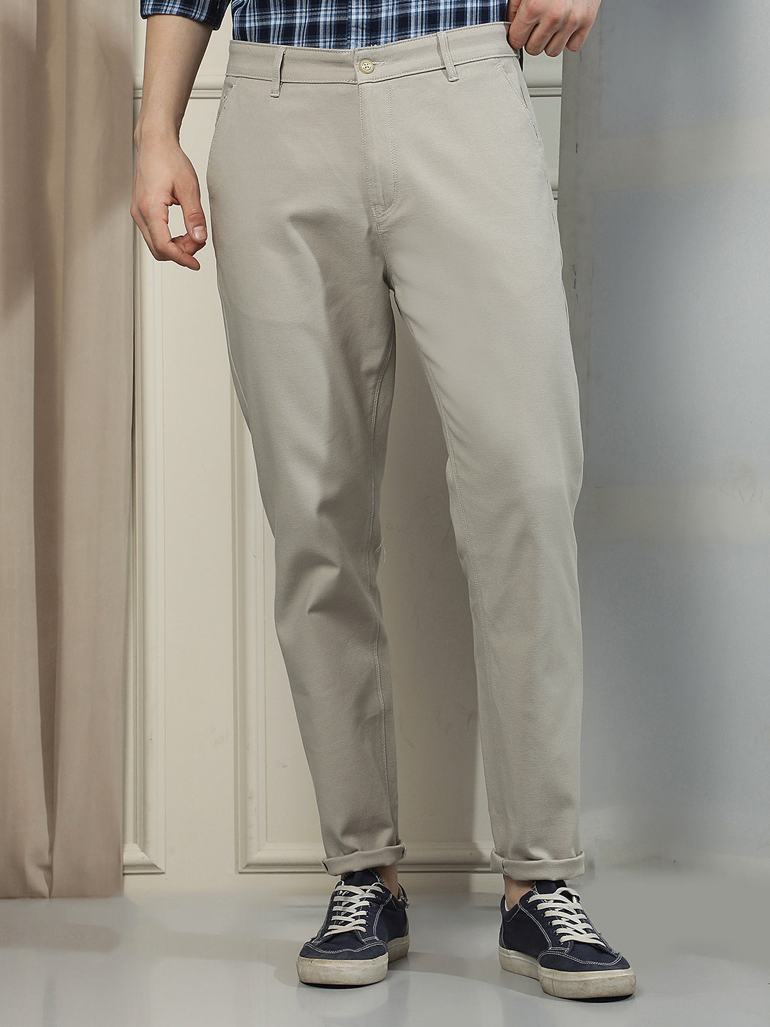 Khaki Cotton Stretchable Dobby Trousers