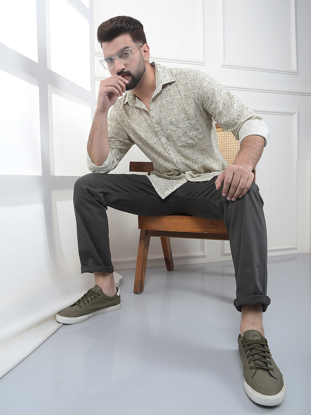 Olive Floral Print Linen Shirt