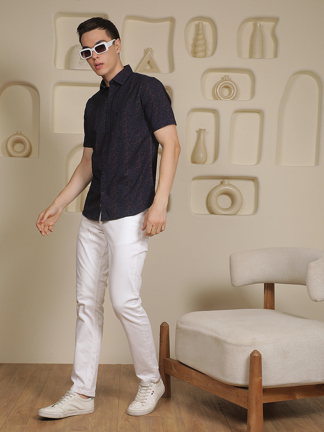 Navy Blue Floral Print 100% Cotton Shirt