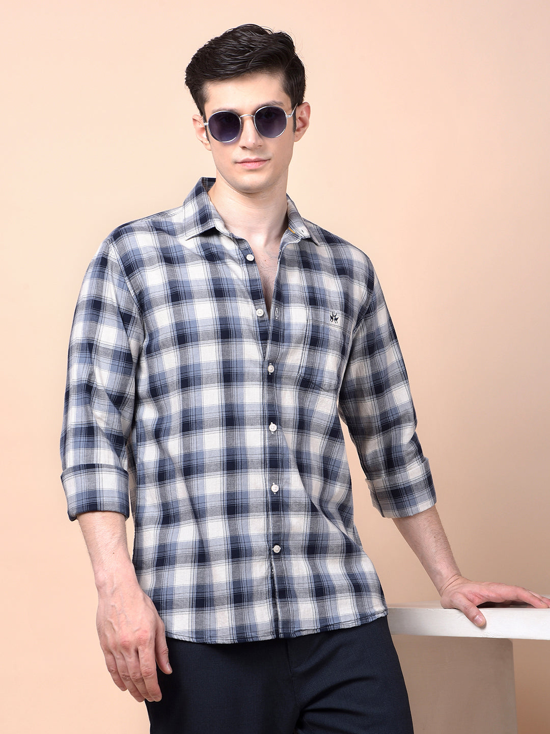 Navy Blue Checked 100% Cotton Shirt