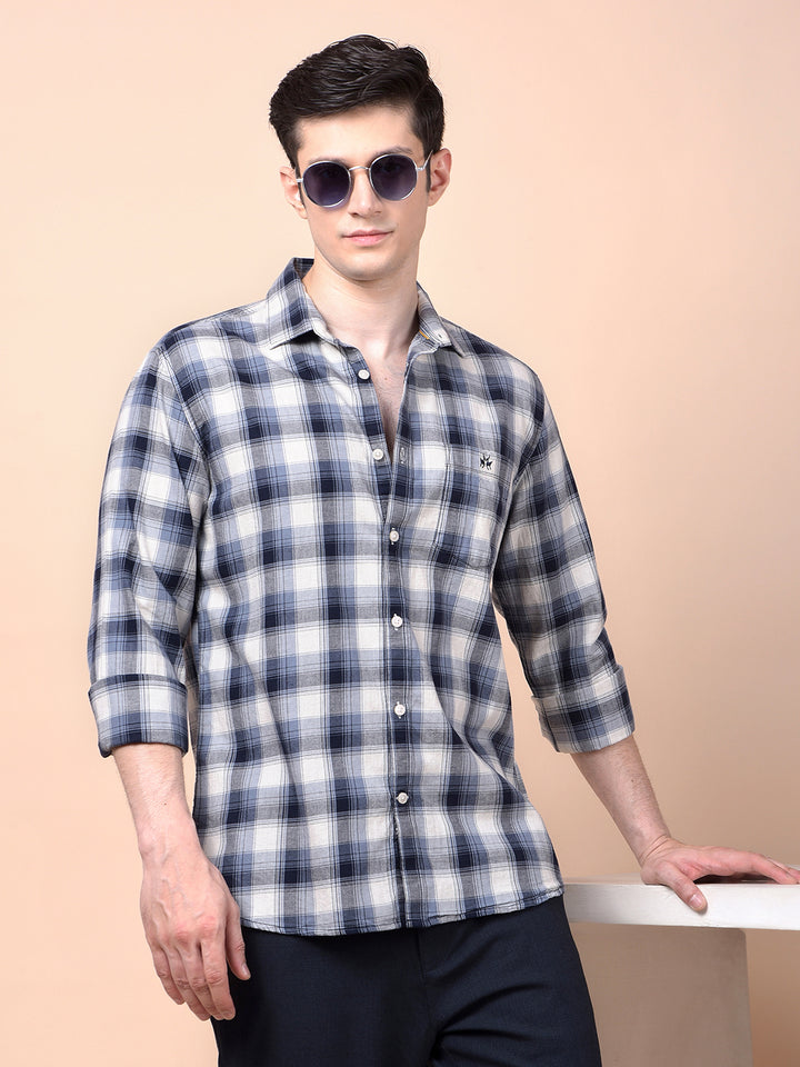 Navy Blue Checked 100% Cotton Shirt
