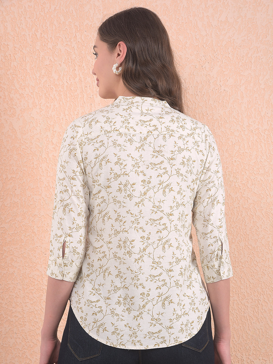 Olive Floral Print V-Neck Linen Top