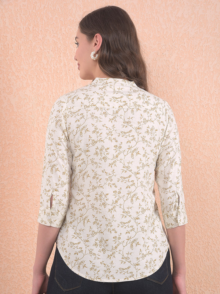 Olive Floral Print V-Neck Linen Top