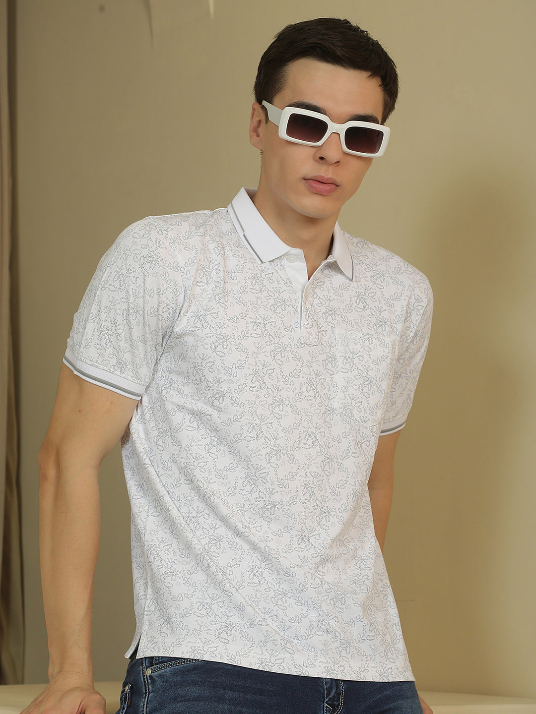 Green Floral Print Polo Neck T-Shirt