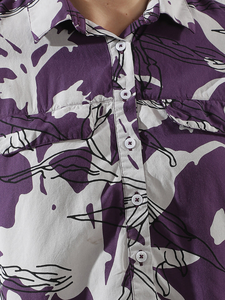 Purple Graphic Print Cropped Shirt