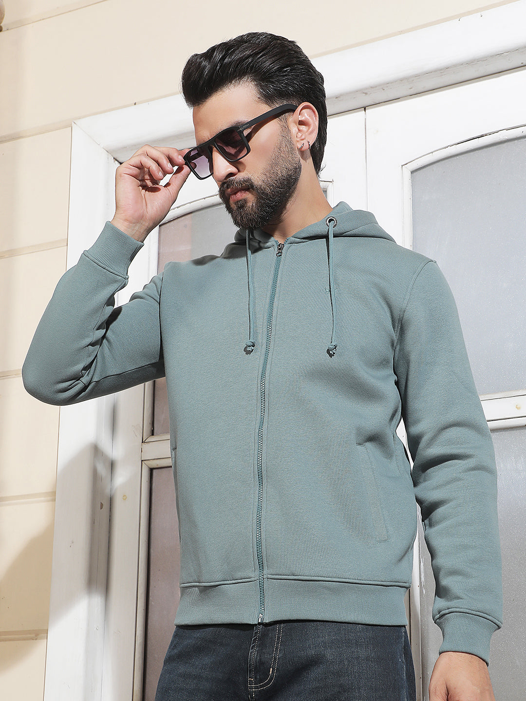 Green Hooded Neck Front Open Sweatshirt