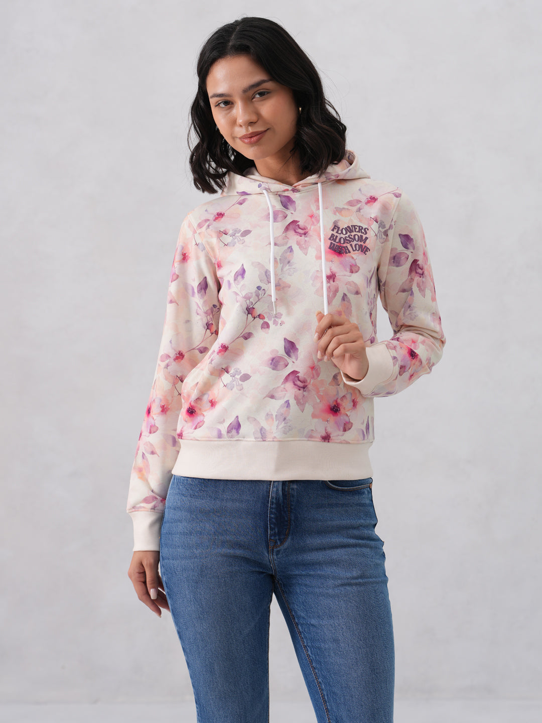 Multi-Color Floral Printed Hooded Neck Sweatshirt
