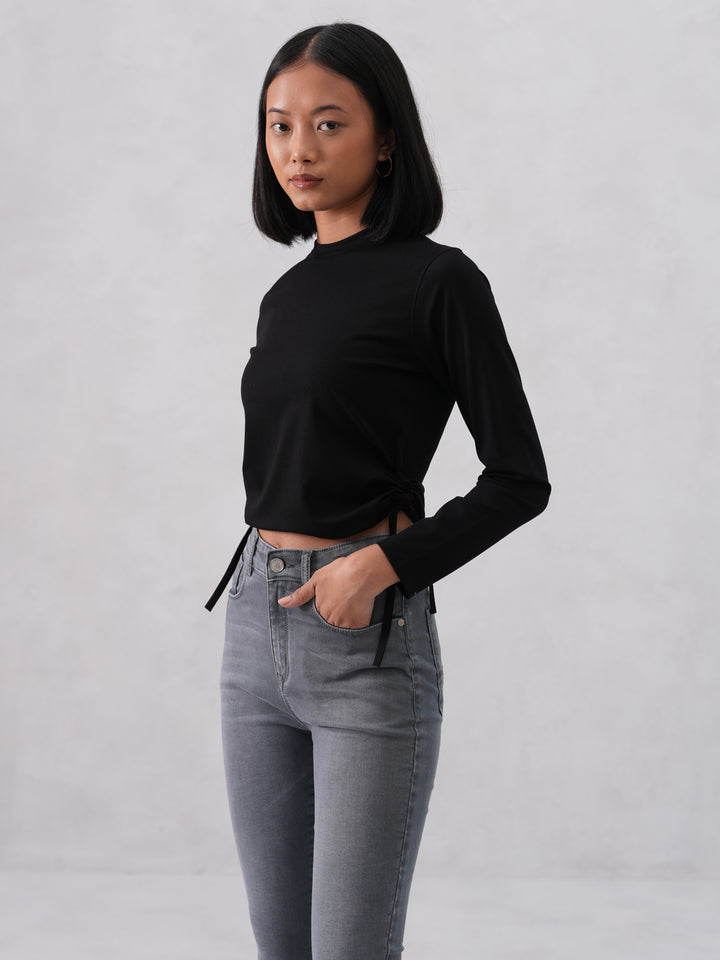 Side-Tie Crop Black T-Shirt