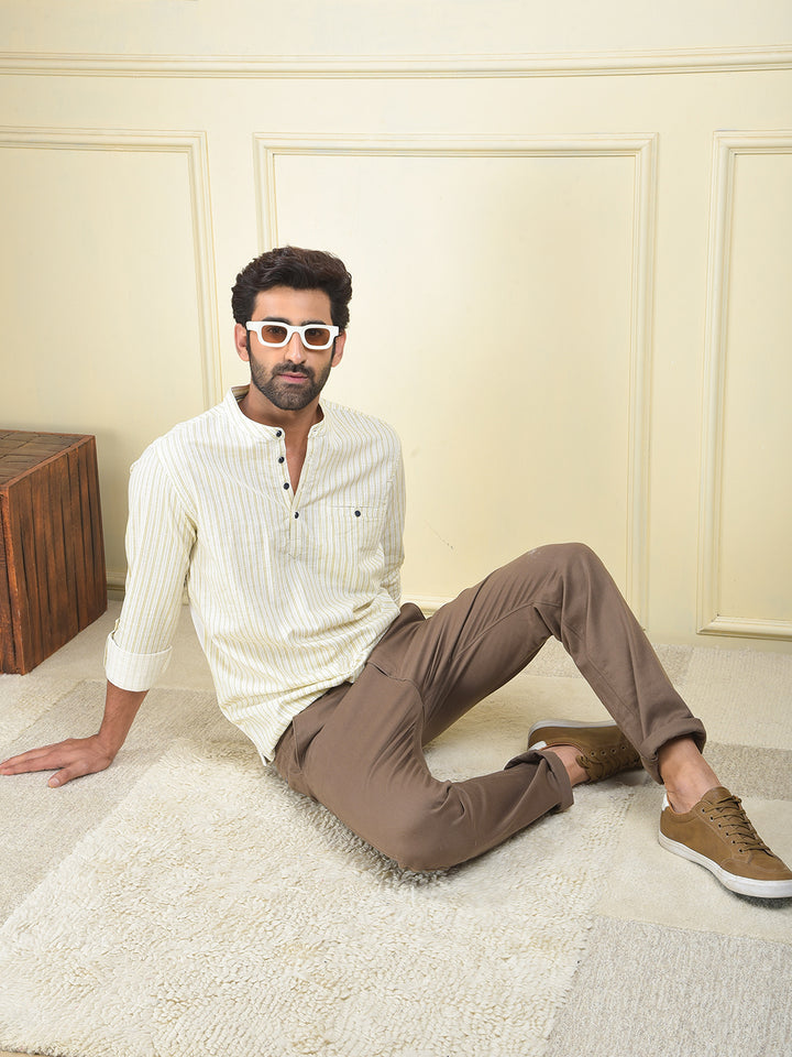 Olive Vertical Stripes Knitted Kurta