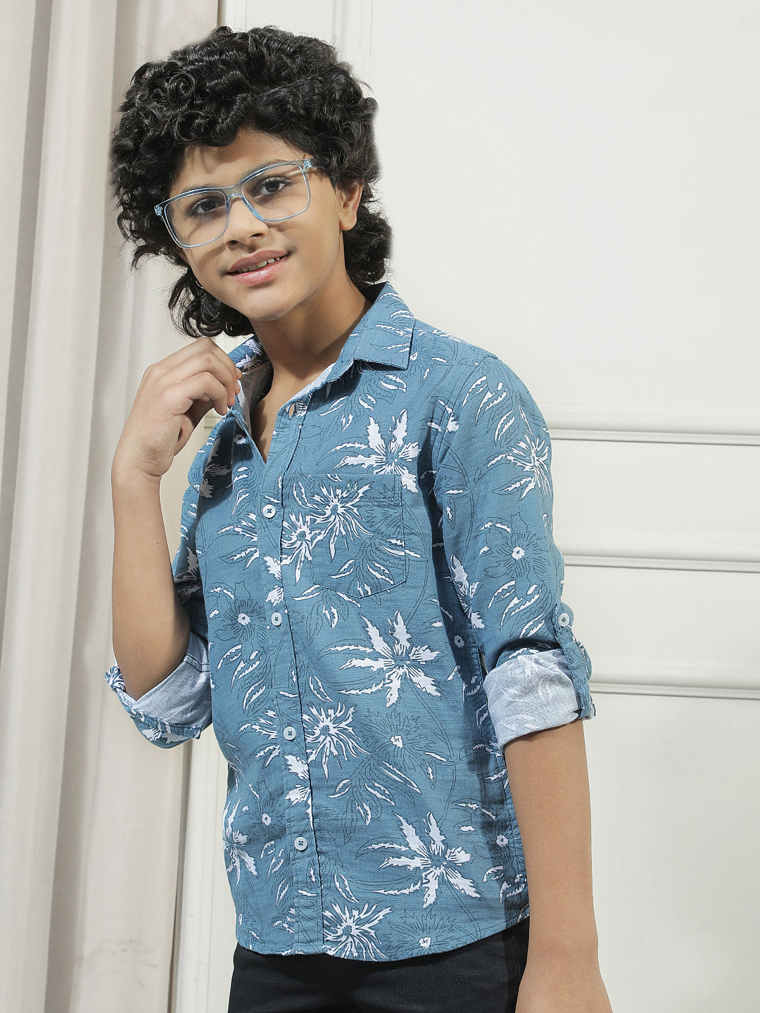 Teal Blue 100% Cotton Floral Print Shirt