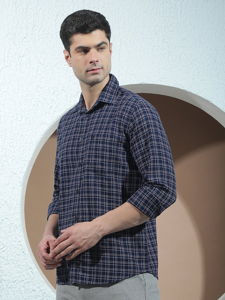 Navy Blue 100% Cotton Checked Shirt