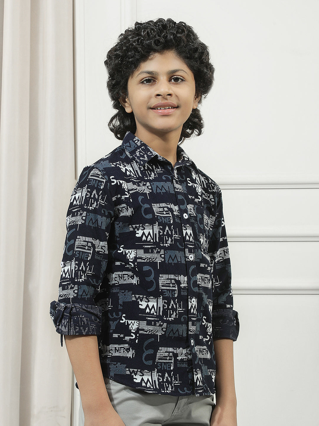 Navy Blue 100% Cotton Graphic Print Corduroy Shirt
