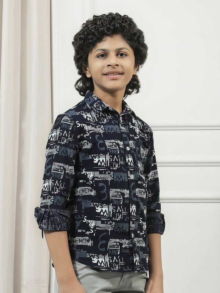 Navy Blue 100% Cotton Graphic Print Corduroy Shirt