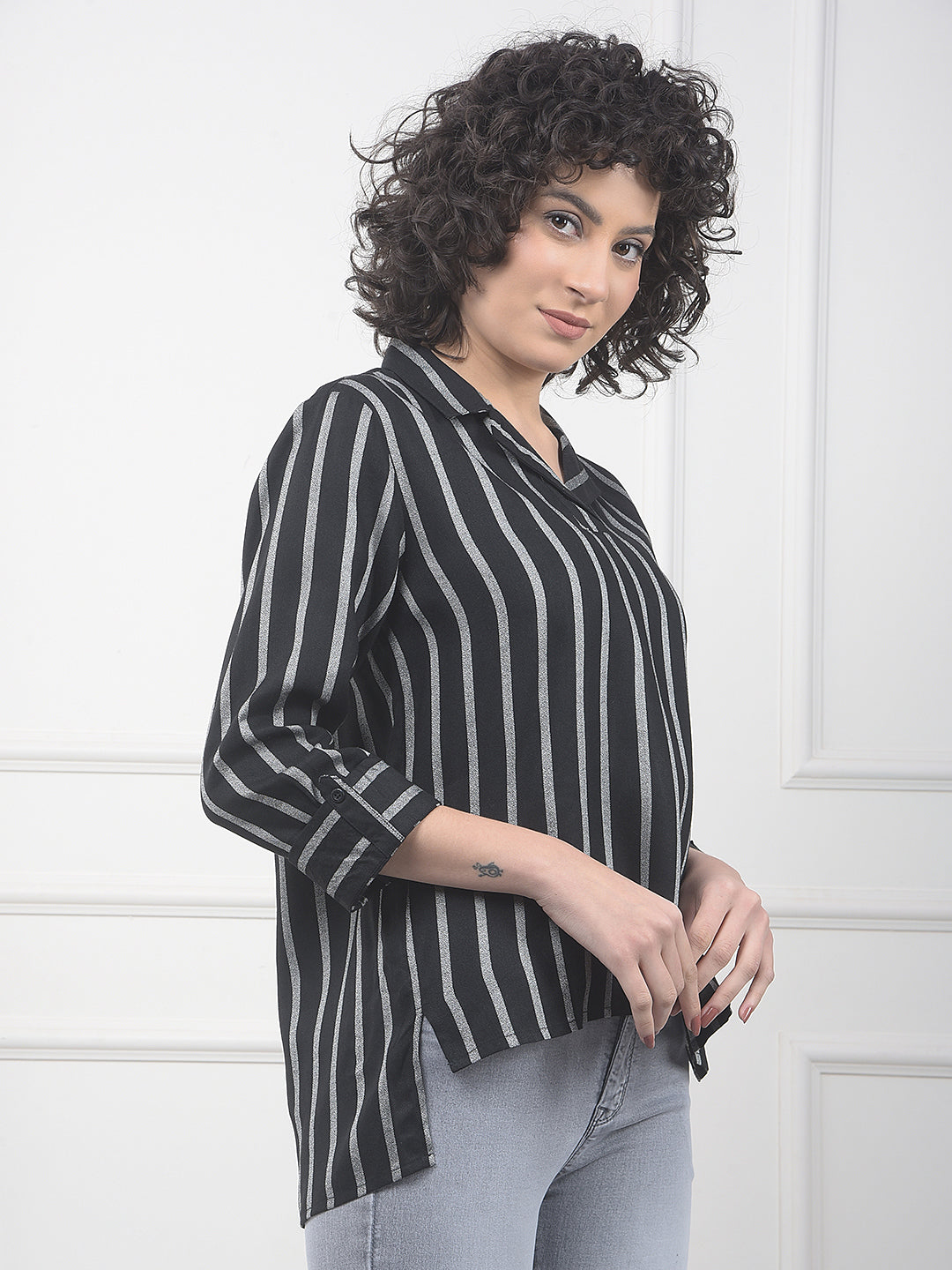 Black Vertical Stripes Resort-Collar Top