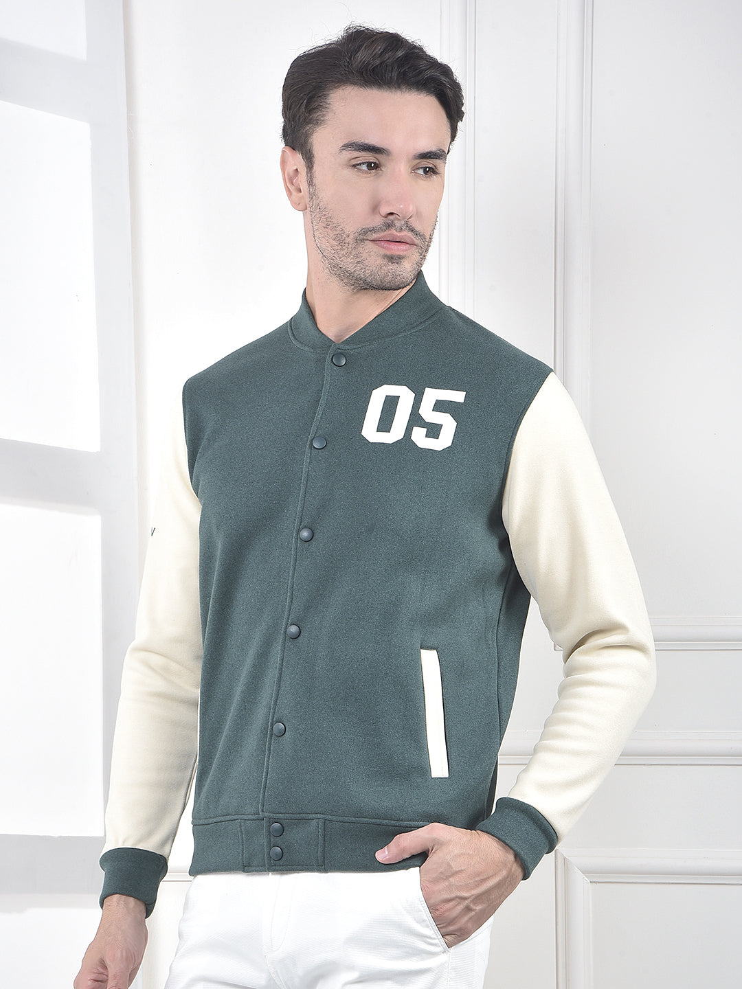 Green Color-Block Varsity Jacket