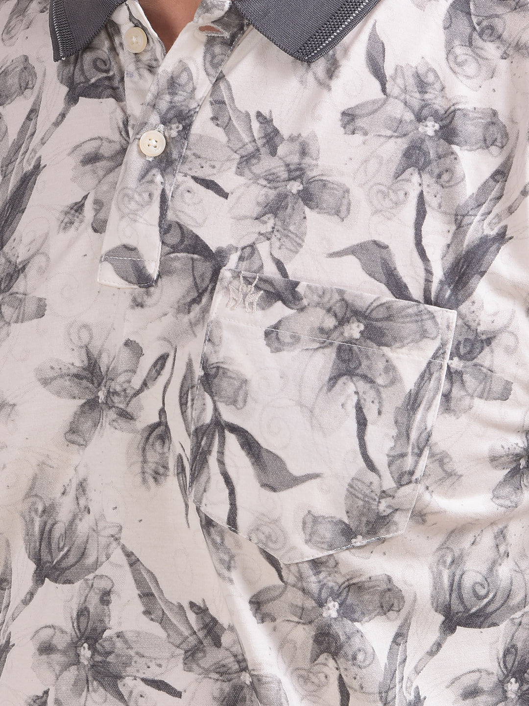 Grey Floral Print Polo Neck T-Shirt